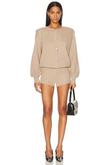 SEROYA Sable Knit Romper in Tan. M. Also in S