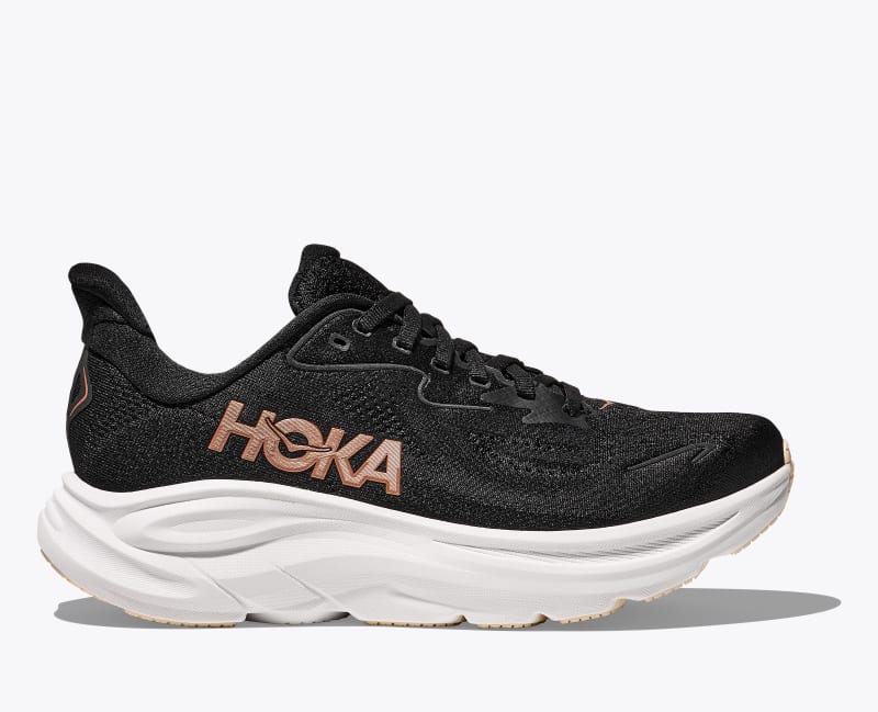 HOKA Women's Clifton 10 Shoes in Black/Rose Gold