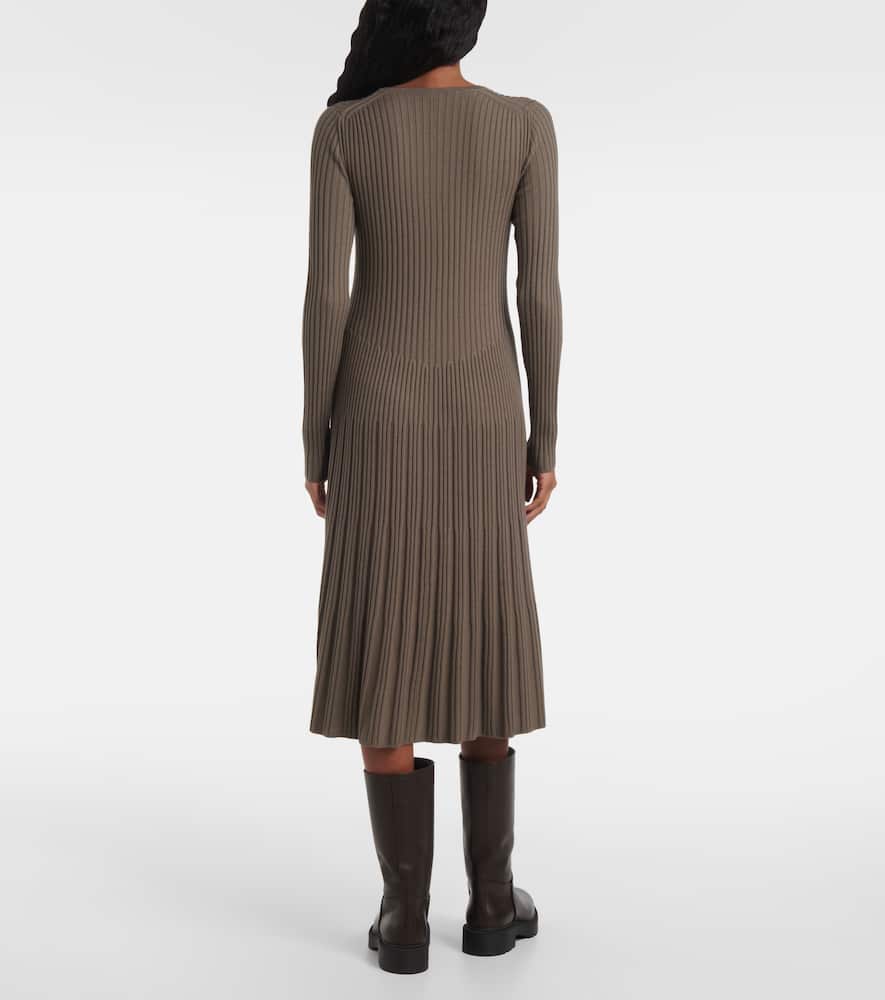 Ribbed-knit pleated wool midi dress