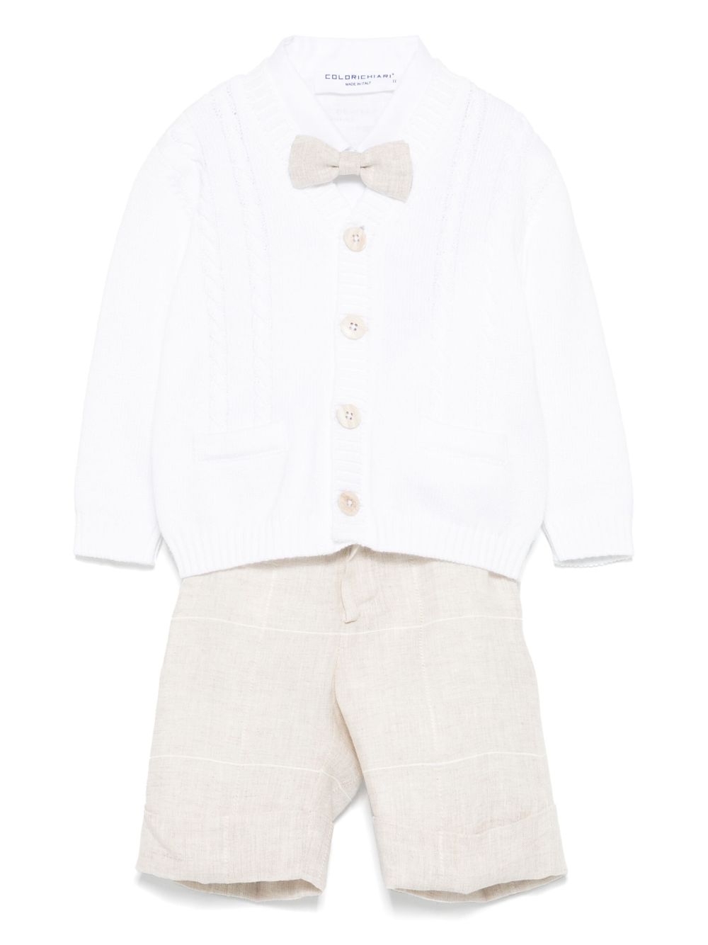 Striped shorts, shirt and cardigan set - White
