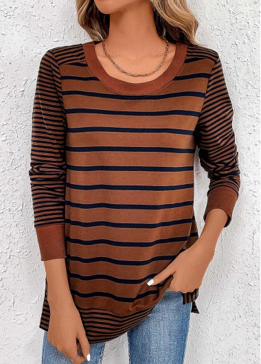 Modlily Dark Coffee Patchwork Striped Long Sleeve T Shirt
