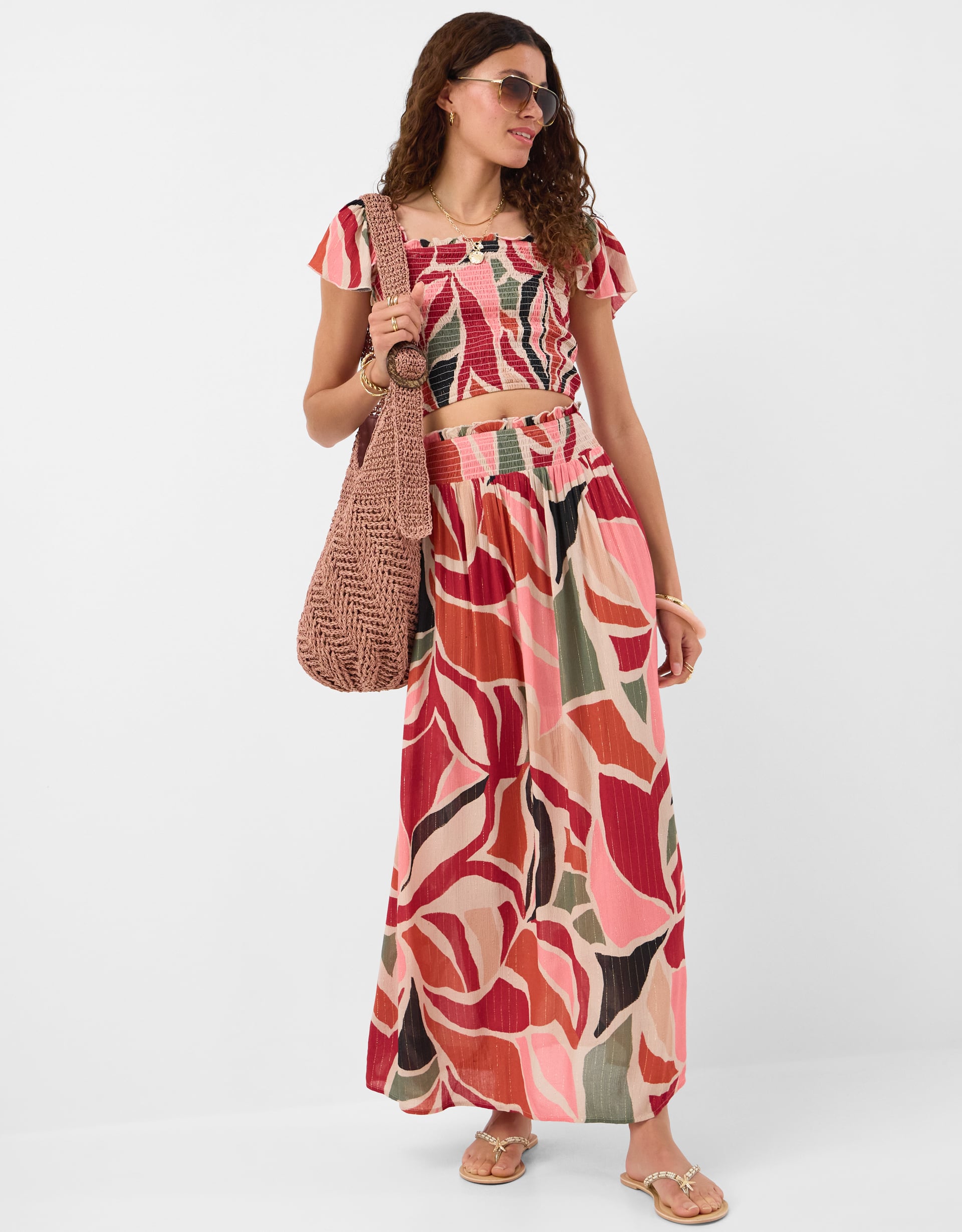 Abstract Print Smocked Crop Top Multi