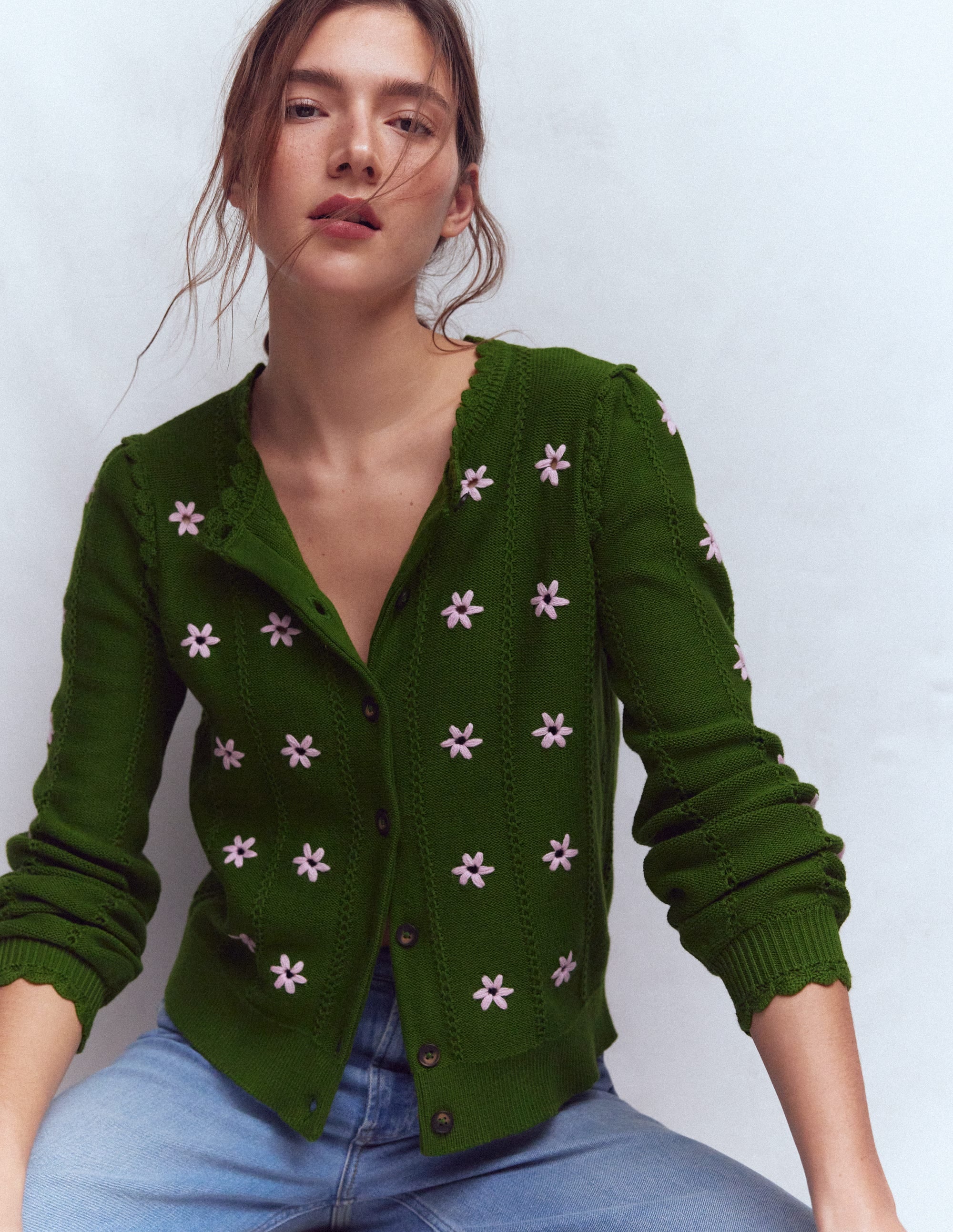 Women's Valeria Crochet Trim Cardigan in Green | Size XS