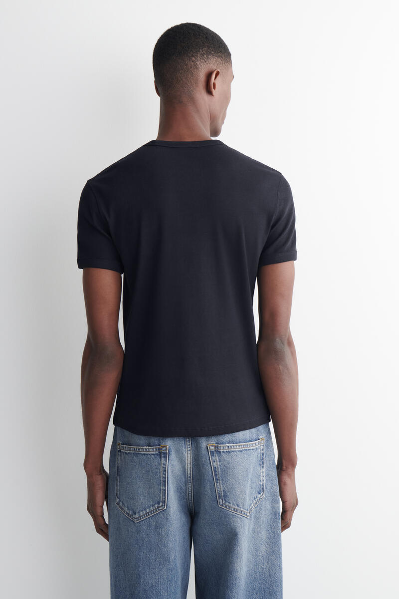 Slim Ribbed Cotton T-Shirt in Navy