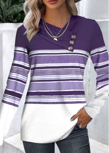 Modlily Navy Patchwork Striped Long Sleeve Asymmetrical Neck T Shirt
