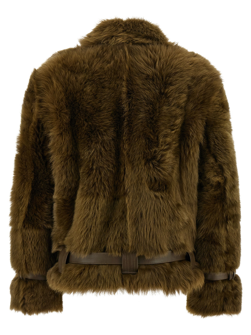 Brown Jacket With Adjustable Belt On The Waist In Fur Woman
