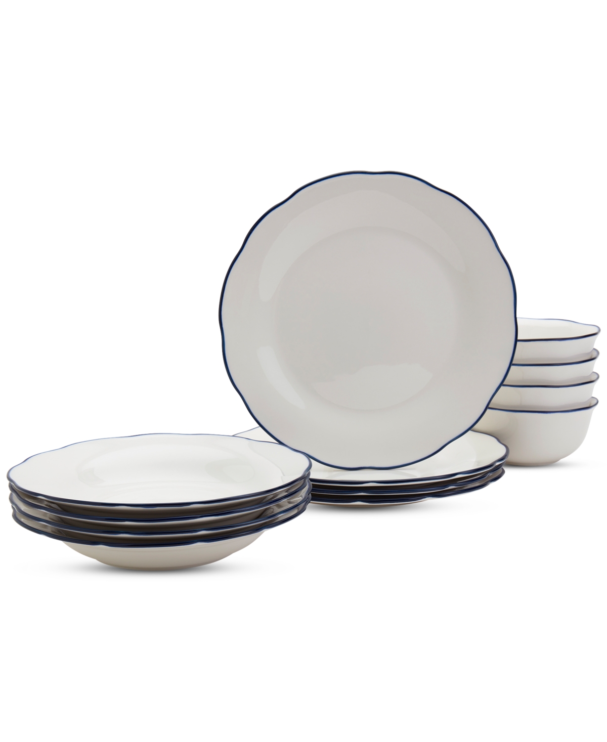 Blue Rim Scalloped 12 Pc. Dinnerware Set, Service for 4 - White
