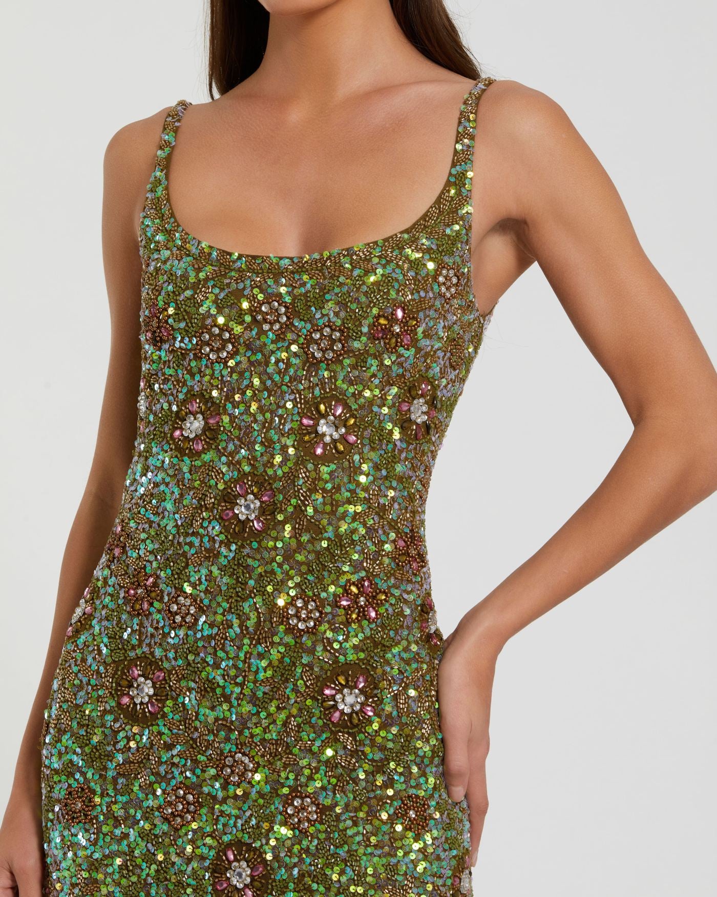 Green Sleeveless Hand Embellished Floral Maxi Wedding Guest Dress In Olive