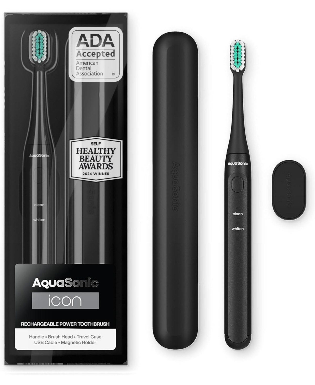 Icon Rechargeable Electric Toothbrush - Ada Accepted, Magnetic Holder, Slim Travel Case, 2 Brushing Modes, Smart Time - Black