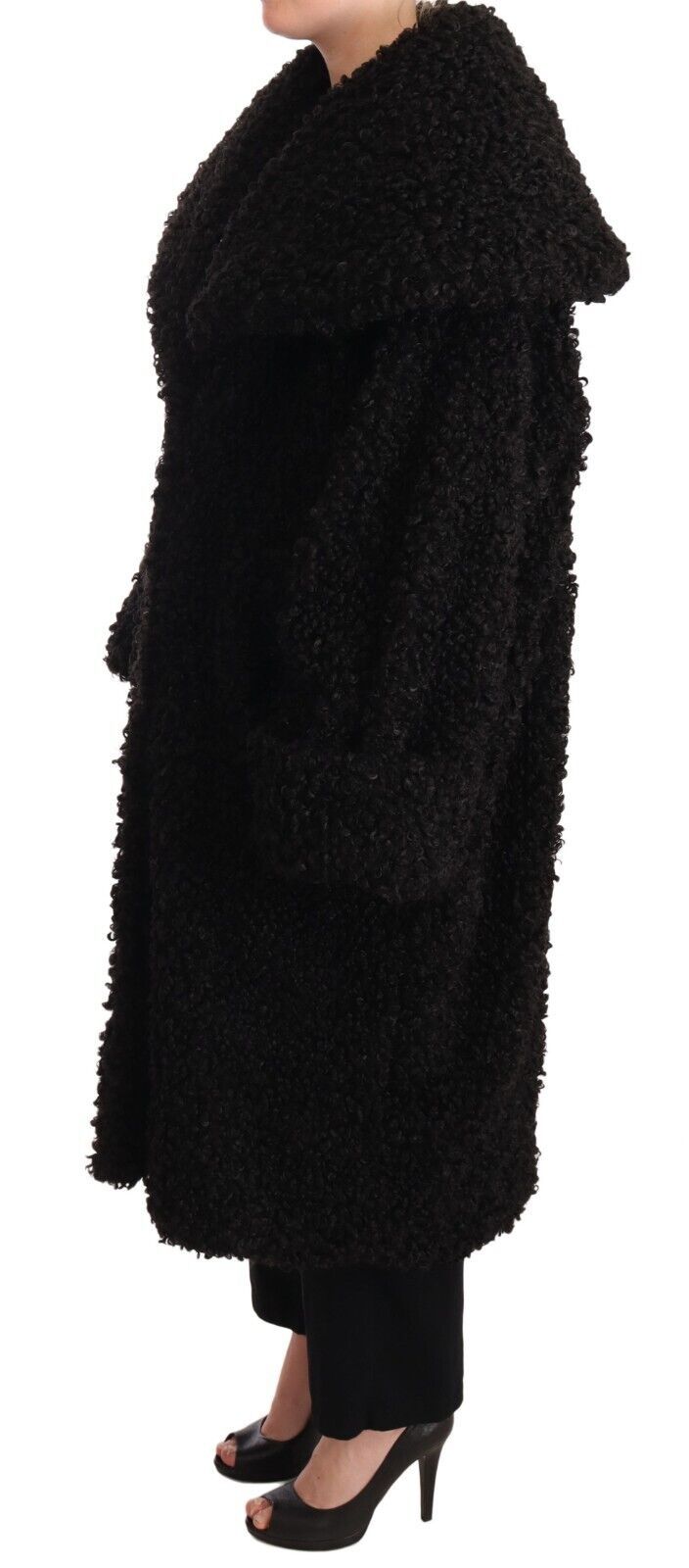 Textured Polyester Fur Coat — Black