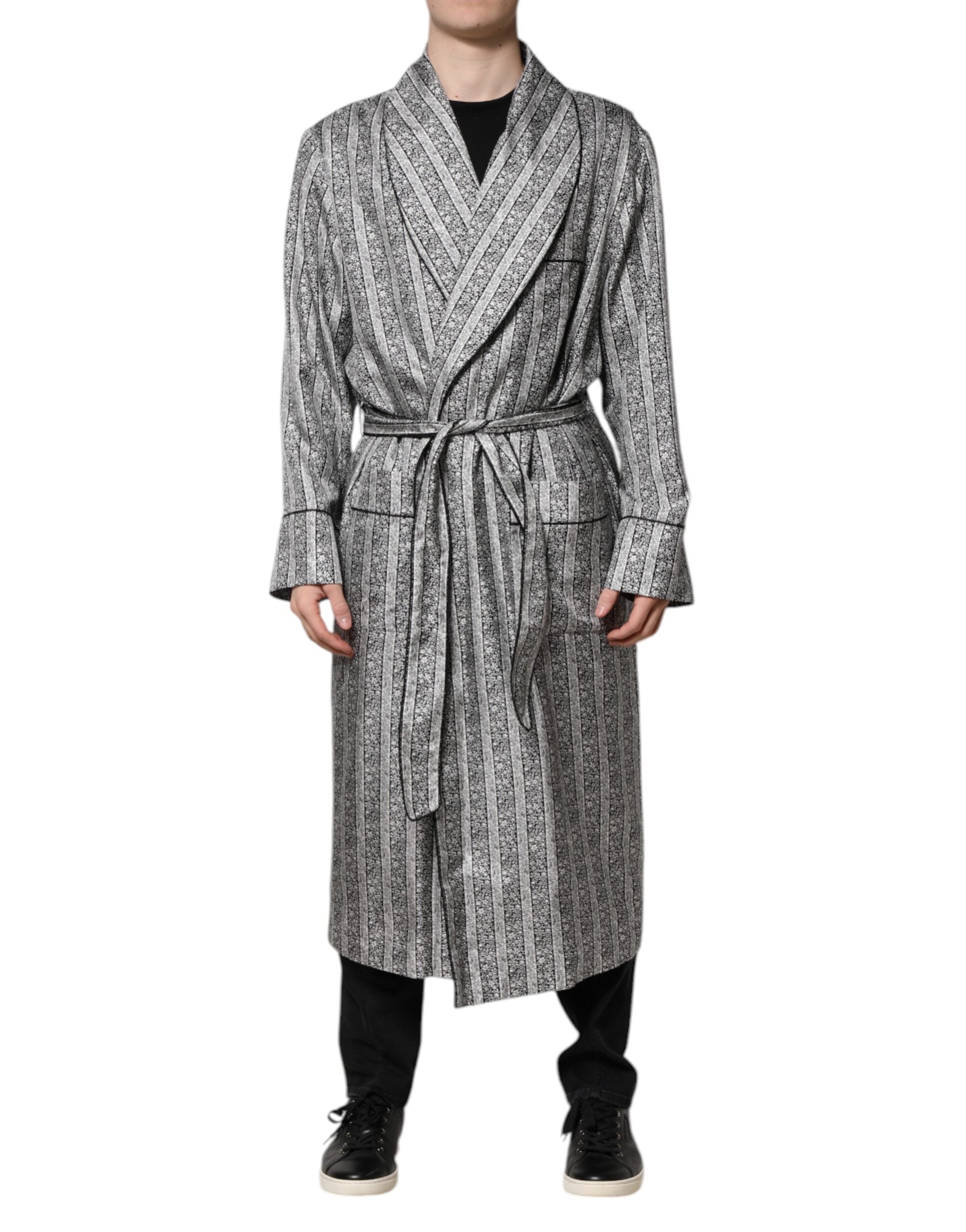 Silk Pinstriped Wrap Coat — Gray