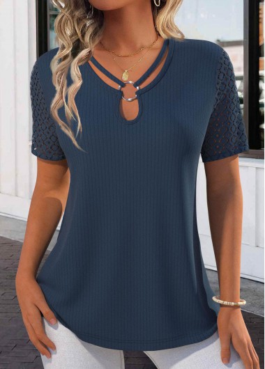 Modlily Navy Lace Short Sleeve Tie Collar T Shirt