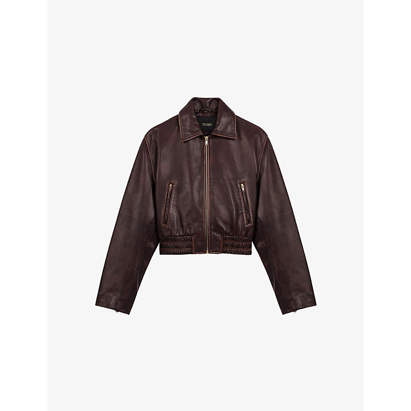 Womens Cropped Smocked-Waist Leather Jacket