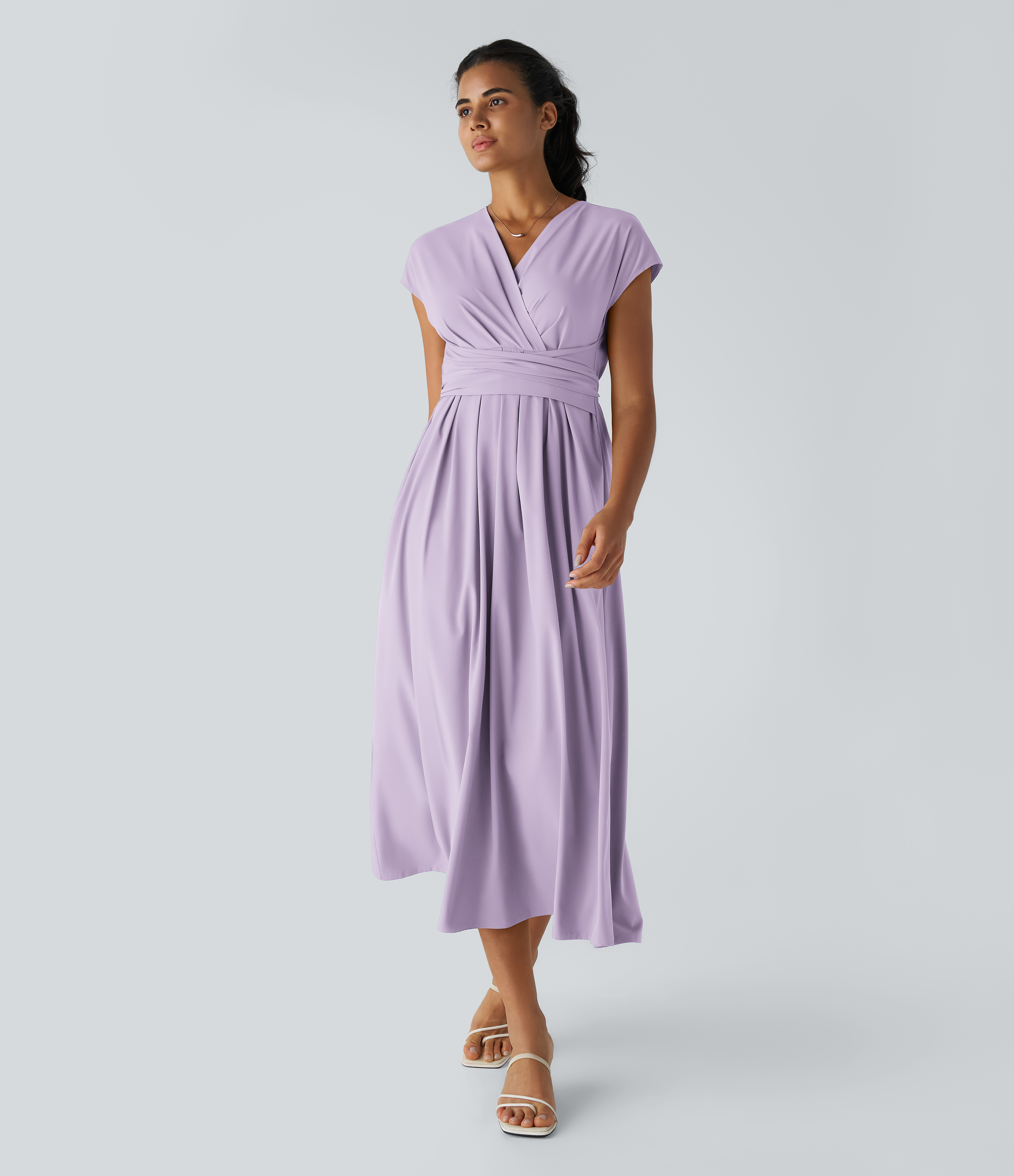 Breezeful™ V Neck Short Sleeve Pocket Tie Back Quick Dry Midi Casual Dress-Longer Length Casual Dress - Leisurely Lavender