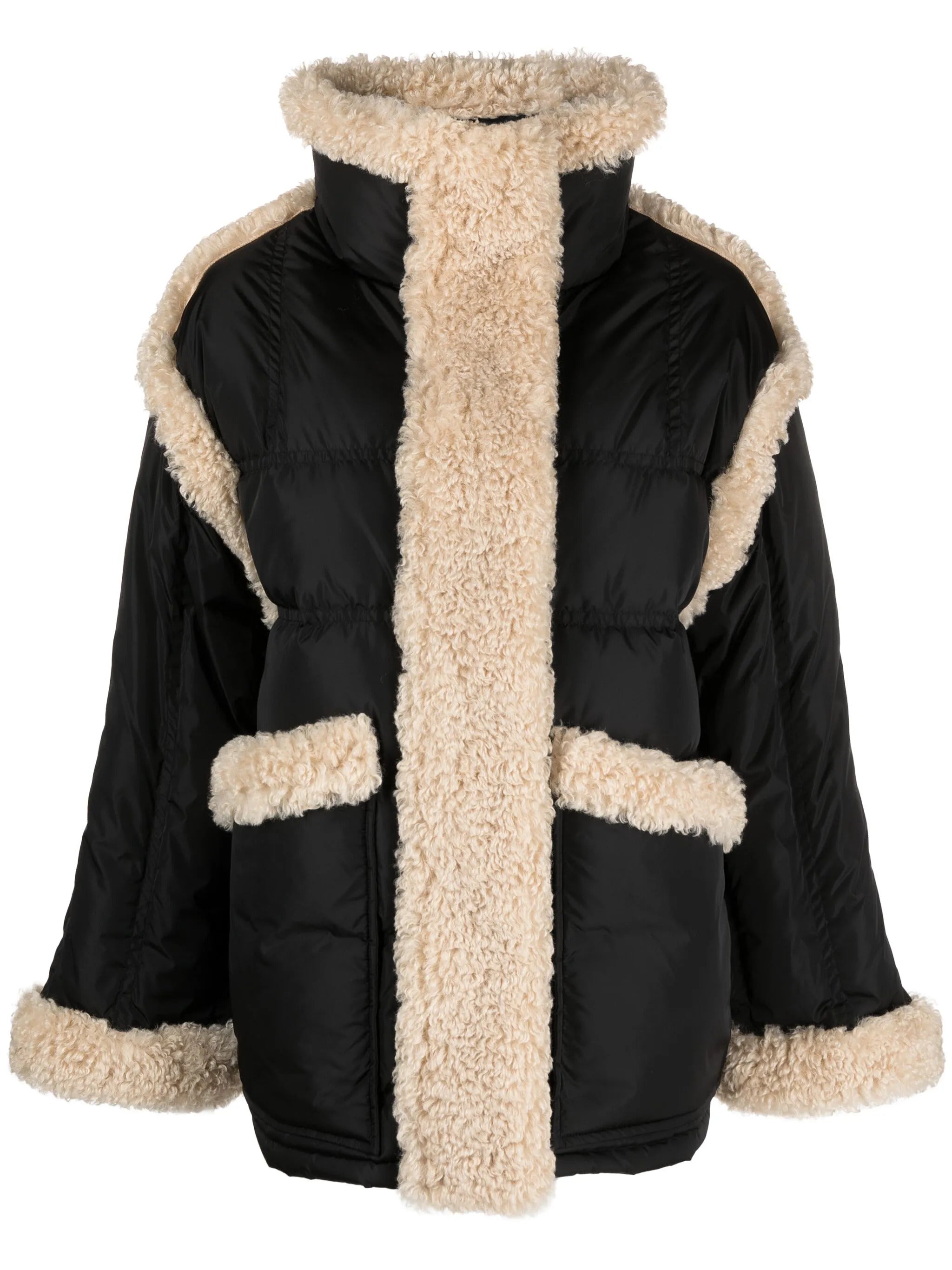 Stand Collar Recycled Down Puffer Coat with Faux Fur Trim & Zip-Snap Front