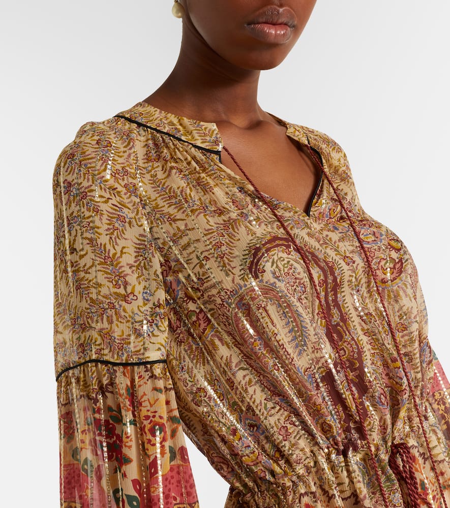 Paisley feather-trimmed silk-blend blouse