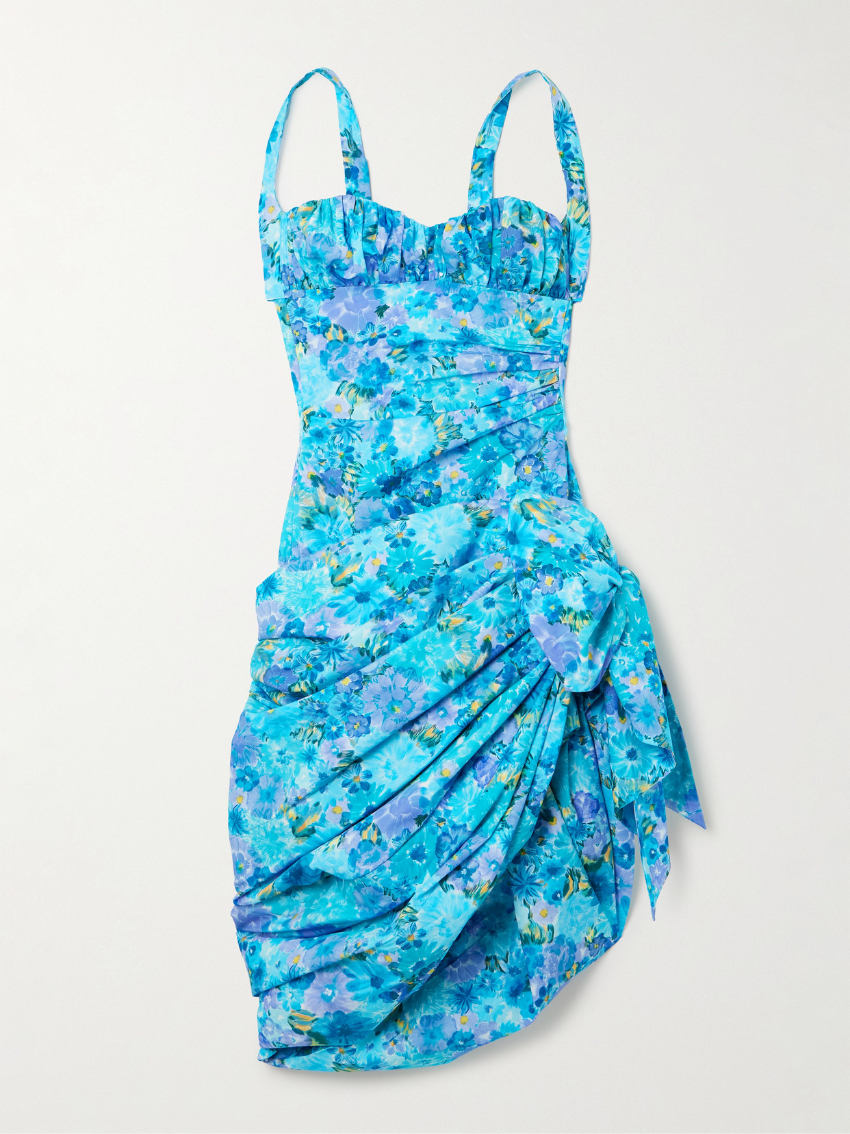 Asymmetric Bow-detailed Draped Gathered Floral-print Cotton Mini Dress - Blue