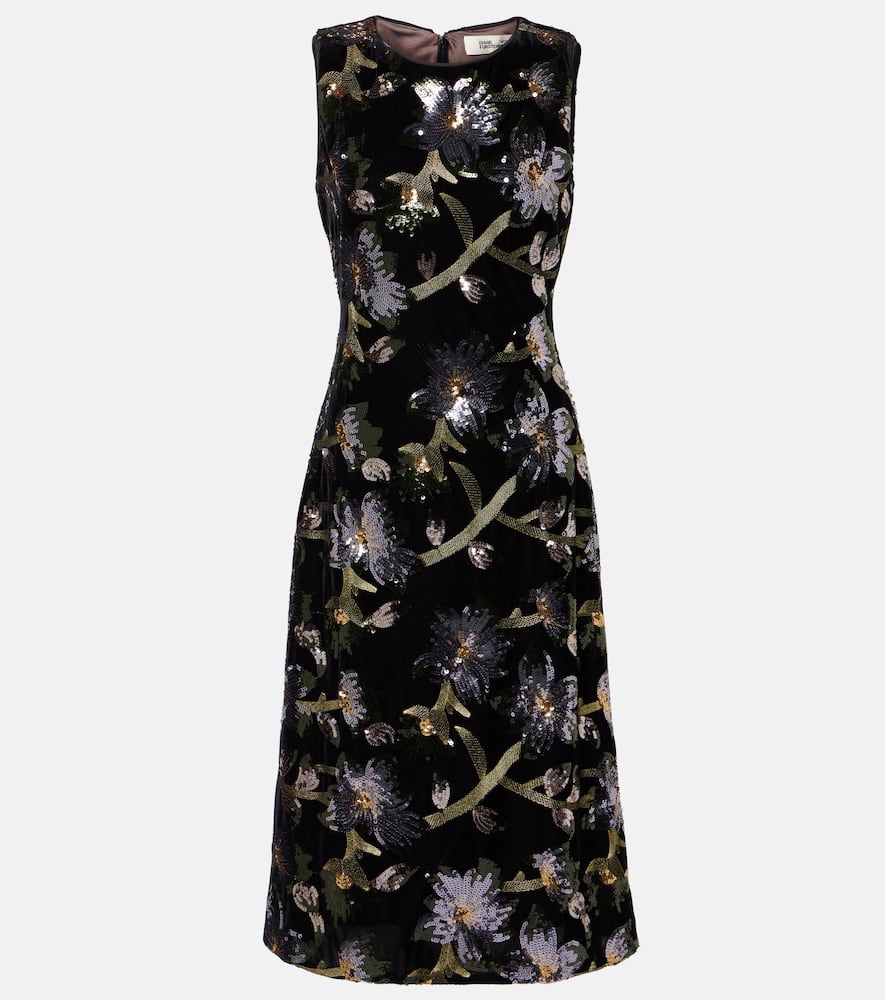 Coral sequined floral midi dress