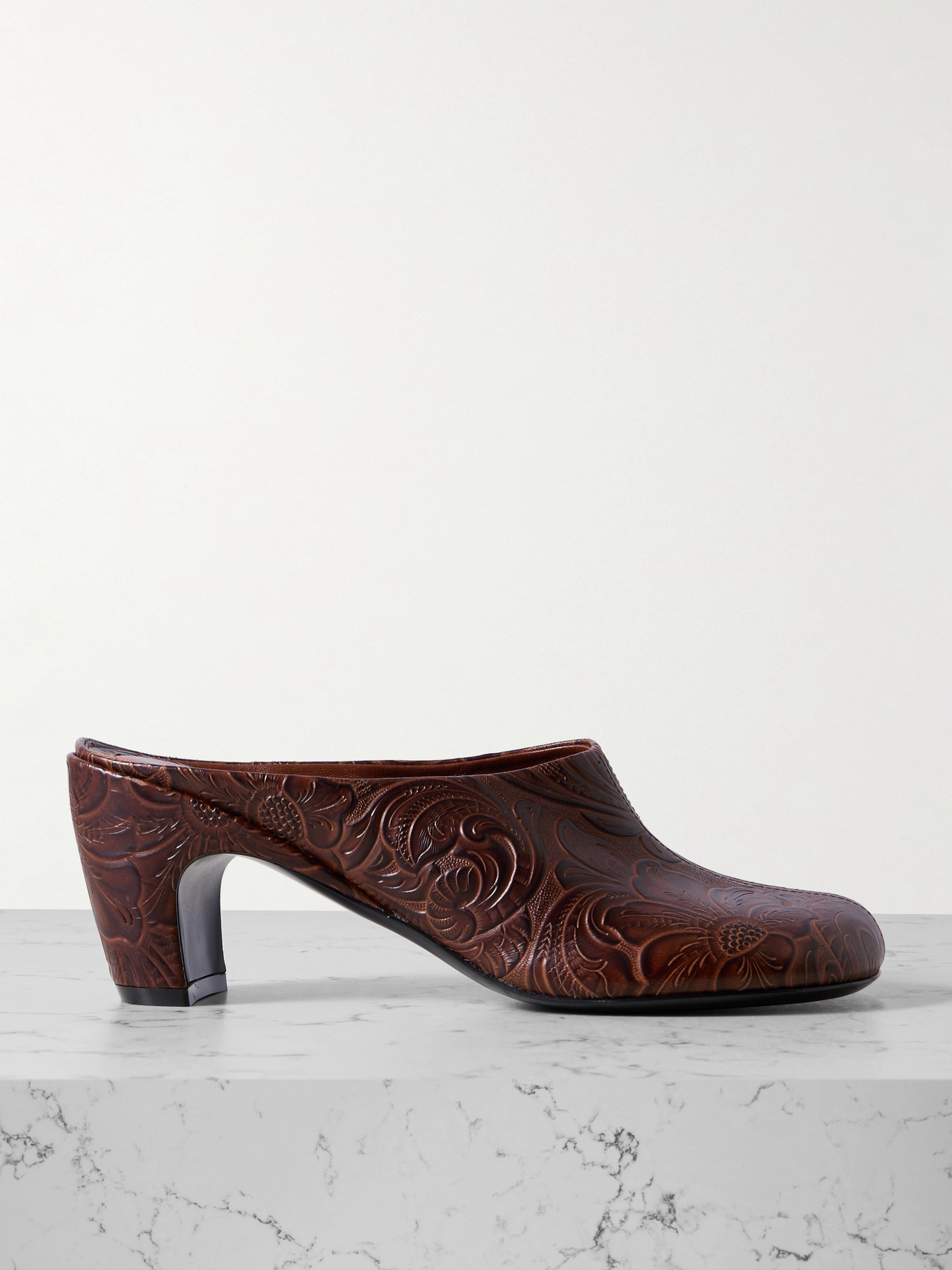 Embossed Leather Mules - Brown