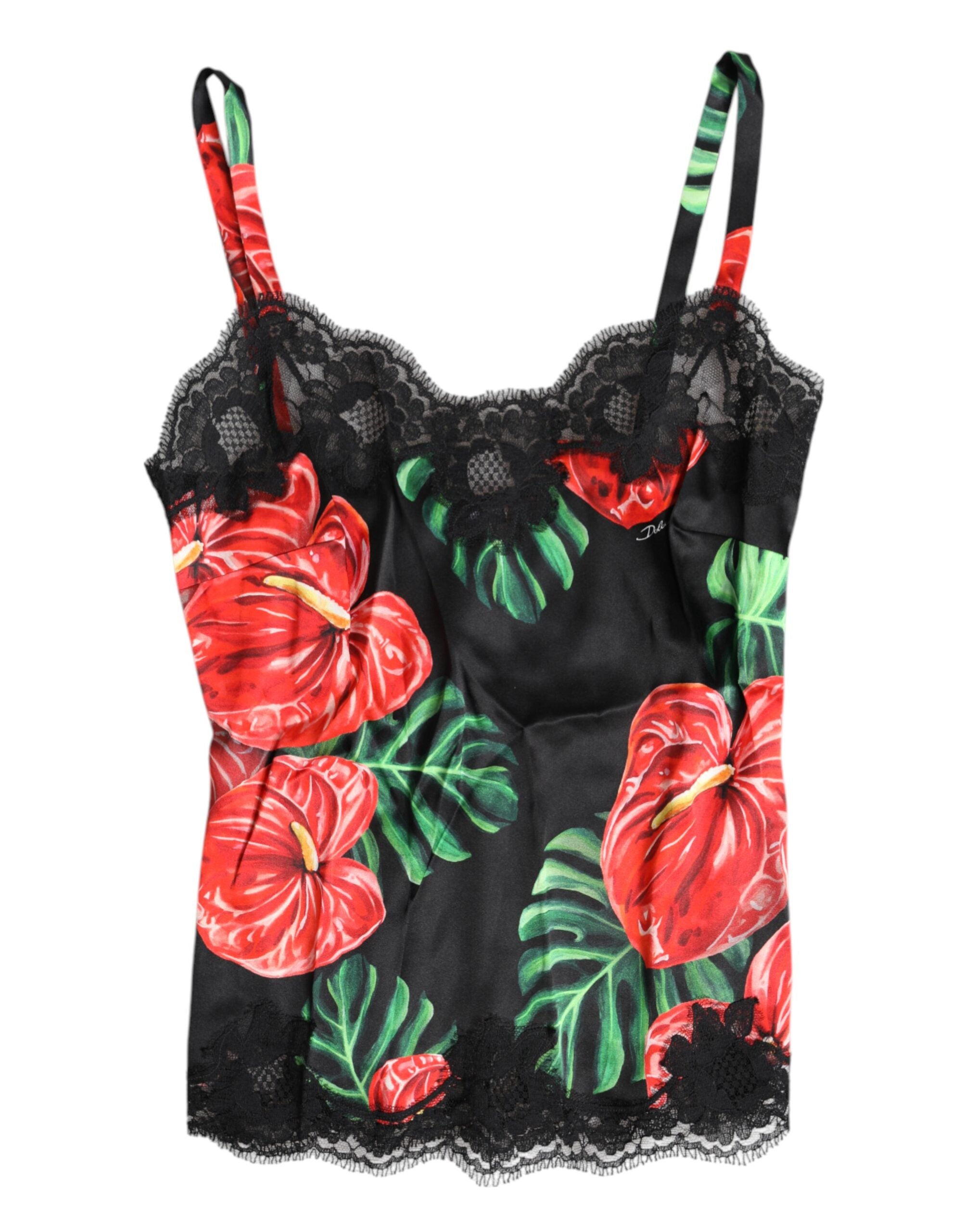 Floral Silk Lace-Trimmed Tank Top — Black