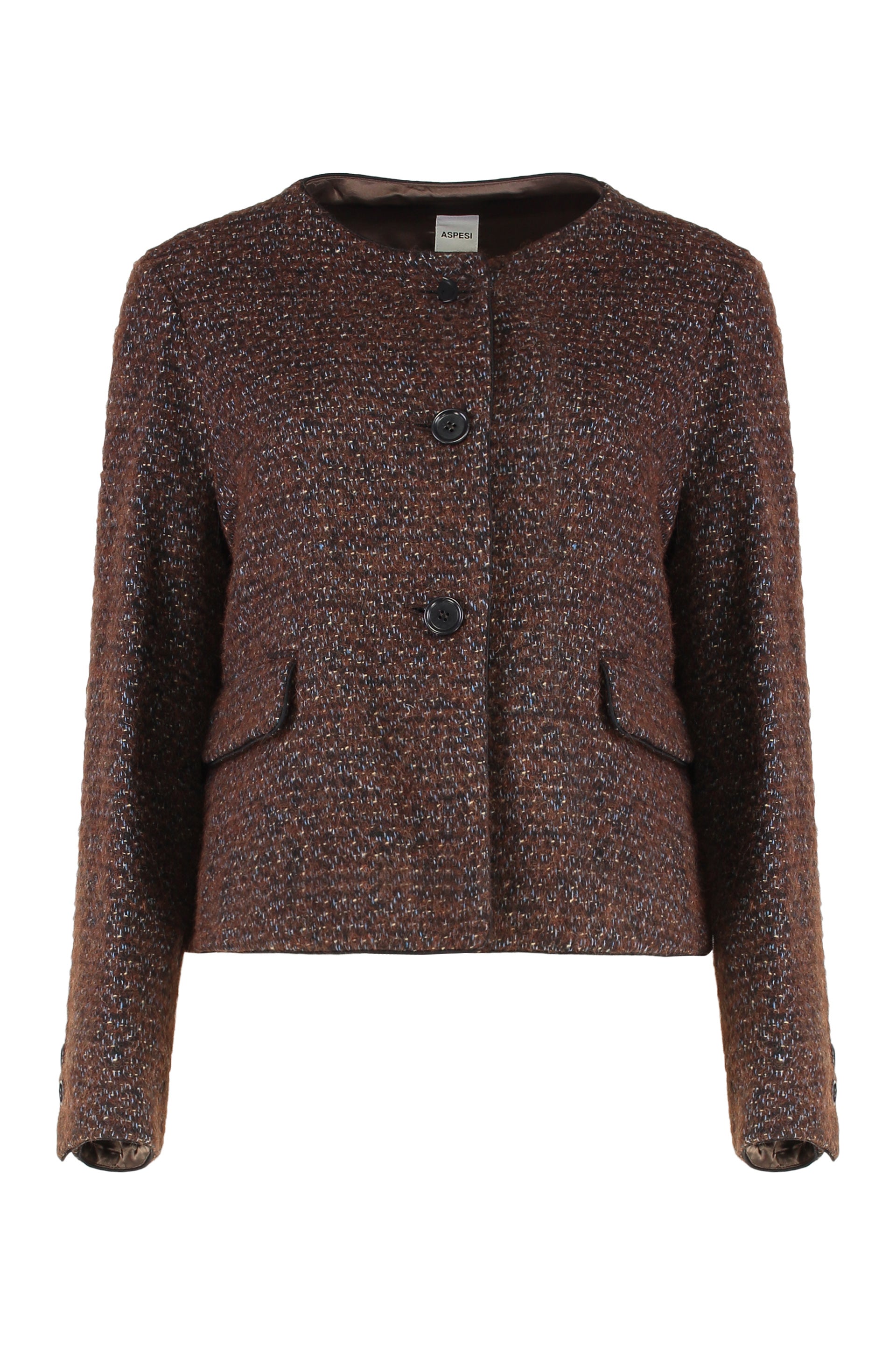 Short-Cut Button-Front Wool-Blend Jacket Sweater with Flap Pockets