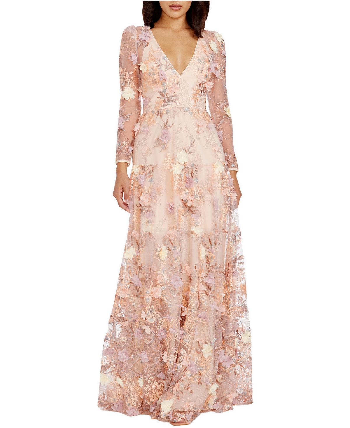 Women's Angelina Long Sleeve V-Neck Floral Fit and Flare Dress - Cream multi