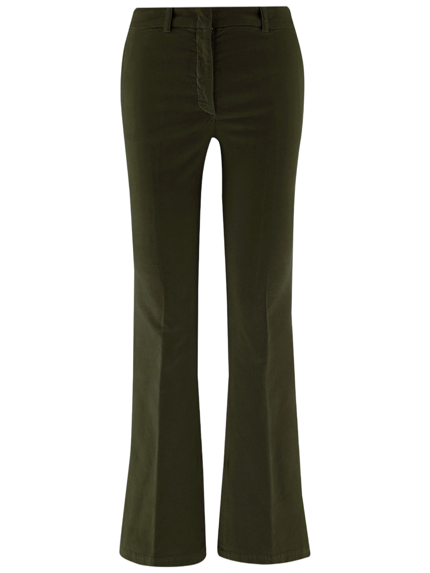 Flared Dark Green Stretch Cotton Velvet Pants With Tailored Silhouette