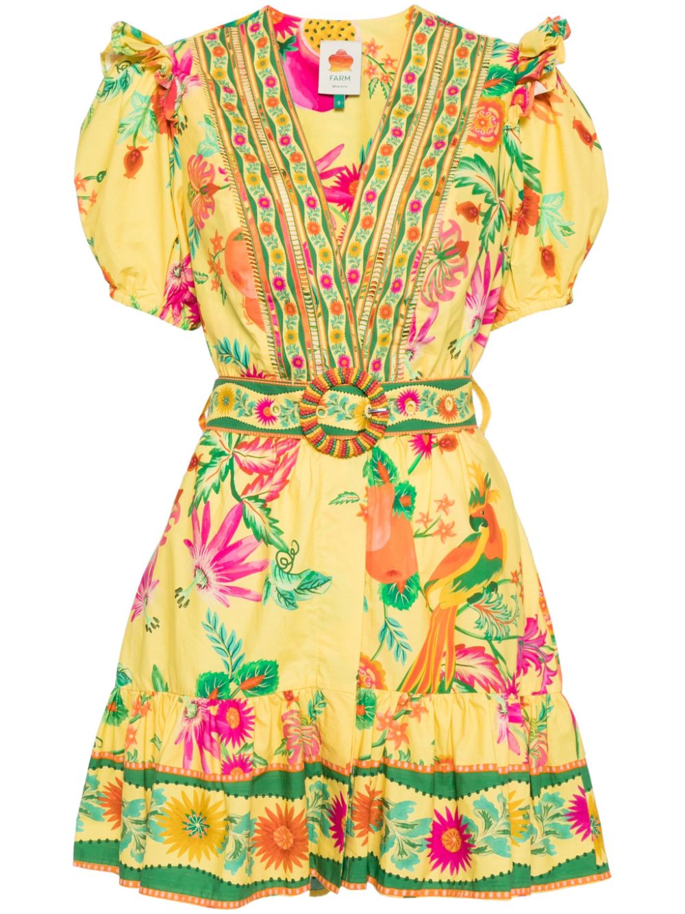 Delicate fruit garden cotton mini dress - Yellow