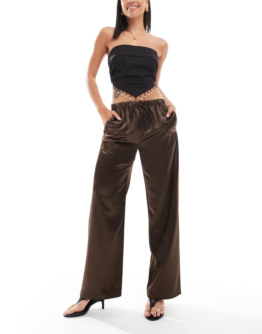 Satin straight leg tie waist pants in brown