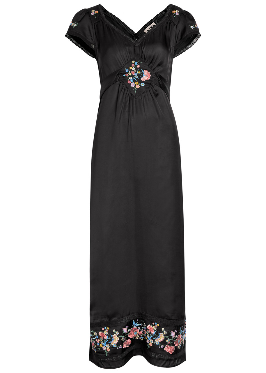 Carey Embroidered Satin Midi Dress