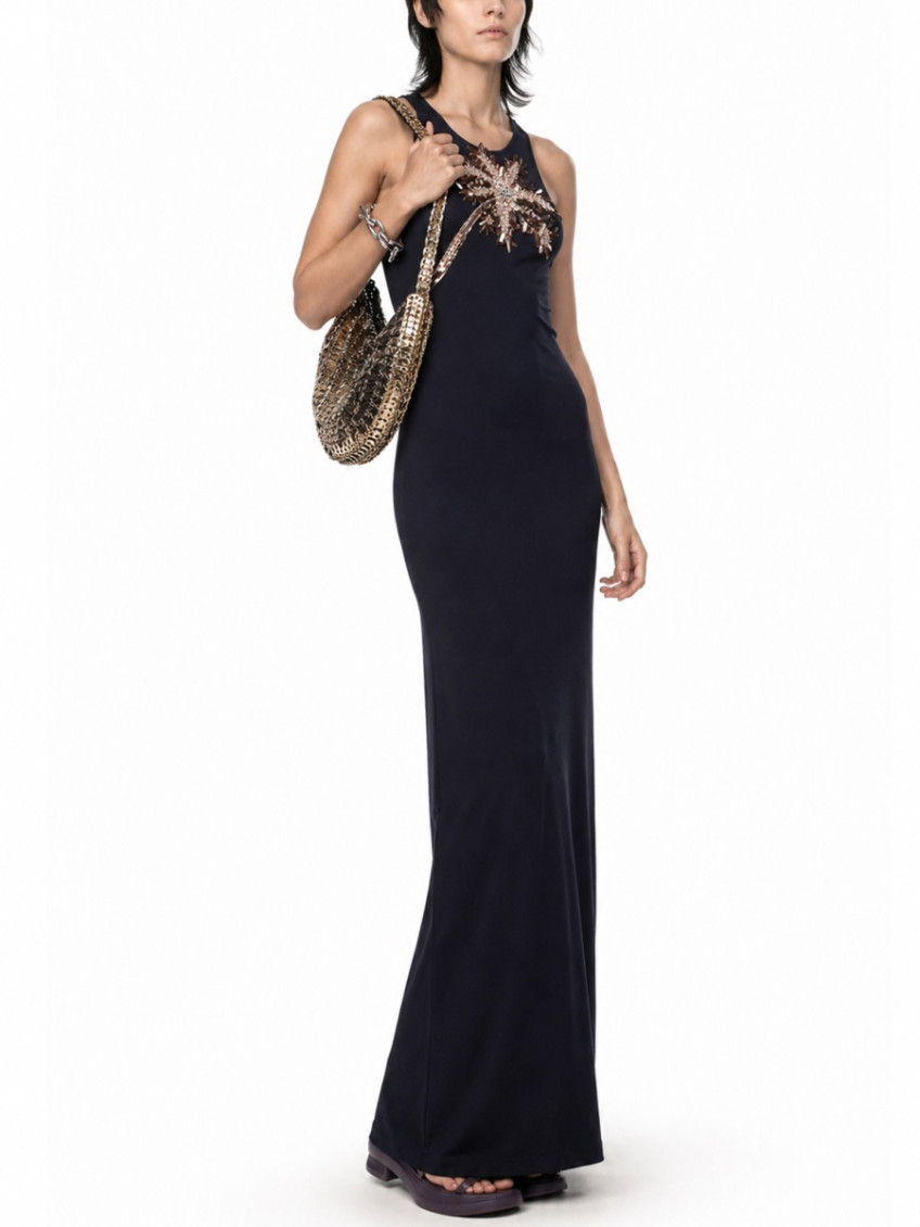 Black Embellished Round Neck Maxi Dress