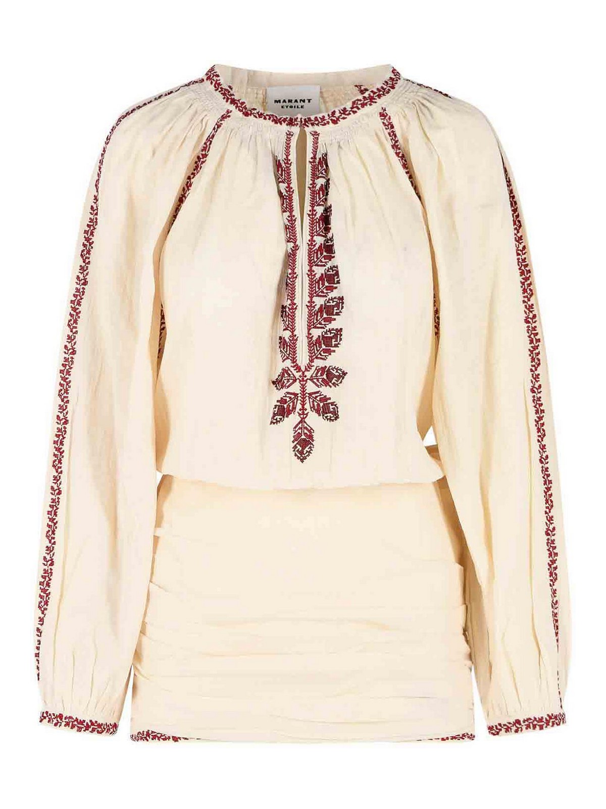 Ludy Short Dress In Beige And Red Cotton