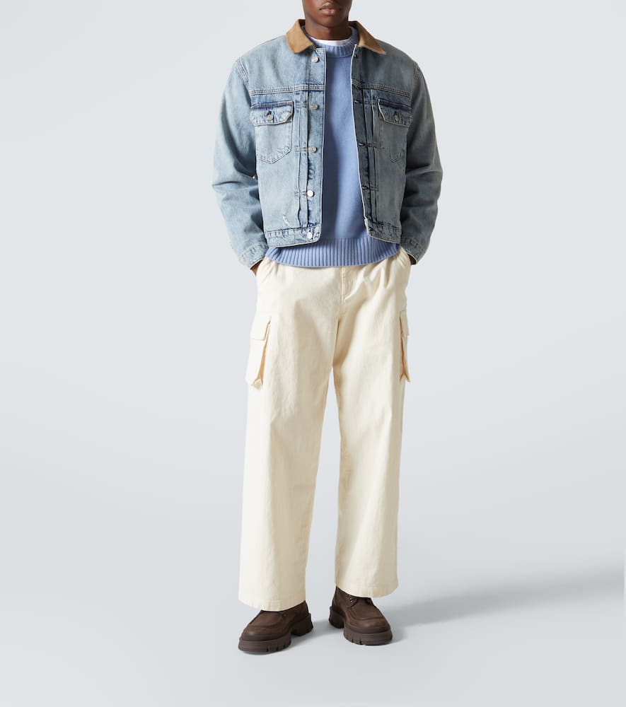 Distressed suede-trimmed denim jacket