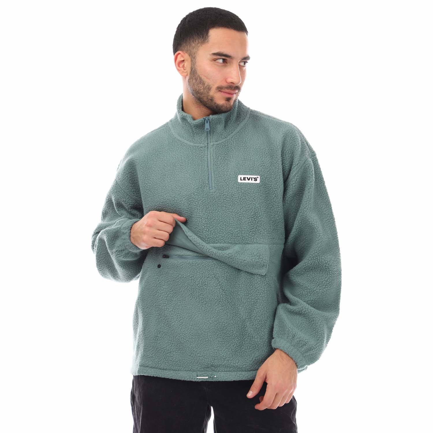 Levi's Mens Levis 1/4 Zip Mockneck Sherpa Fleece in Green - Mediu
