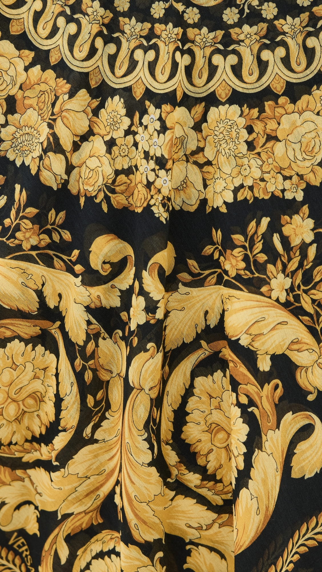Beachwear Cotton Silk Voile Fabric Baroque Print Top 5B000-Black+Gold