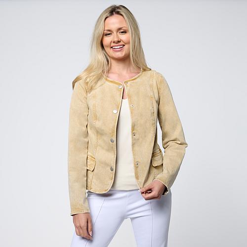 Snow Wash Collarless Denim Jacket - Tan