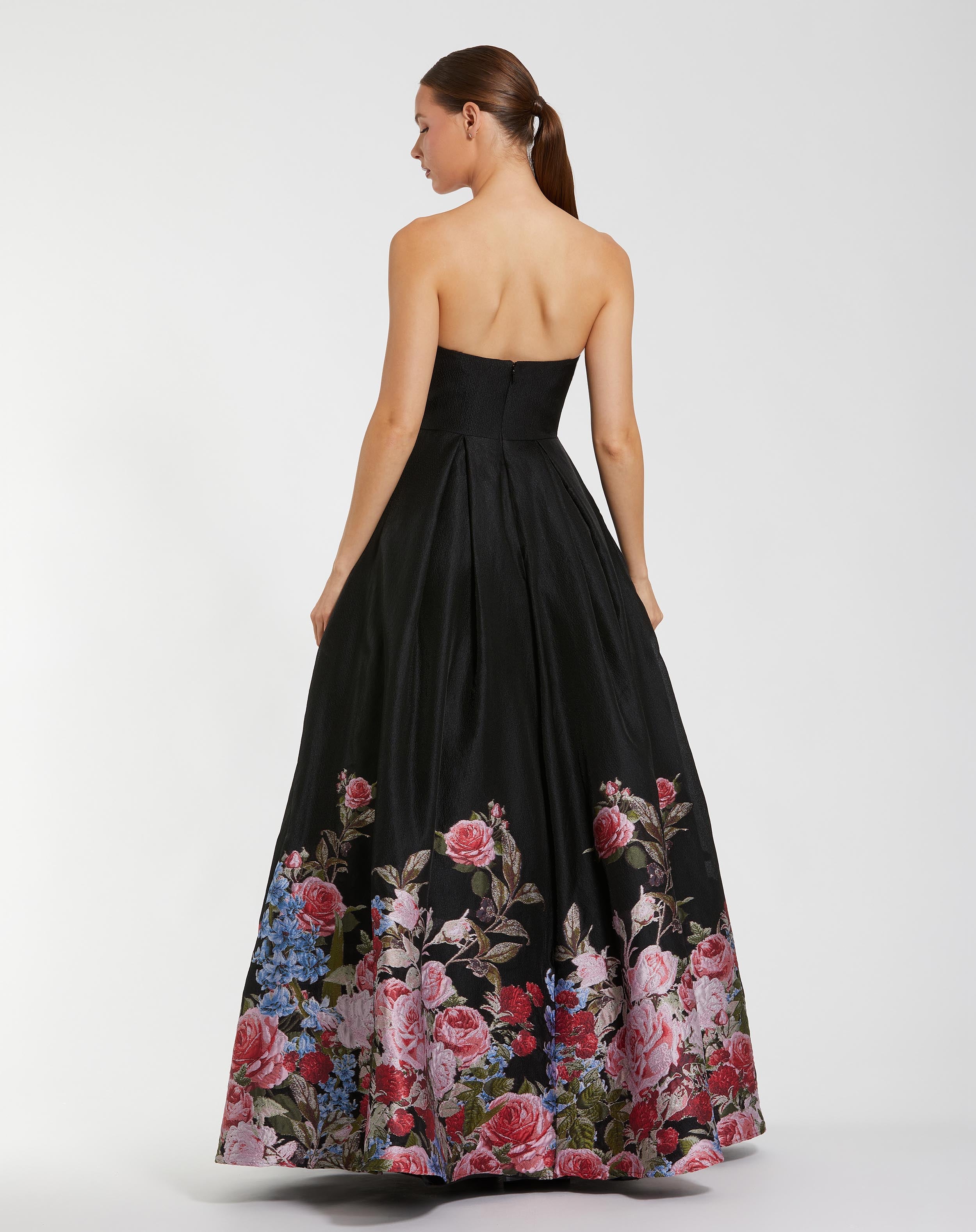 Strapless Floral Brocade Ball Maxi Gown In Black Multi