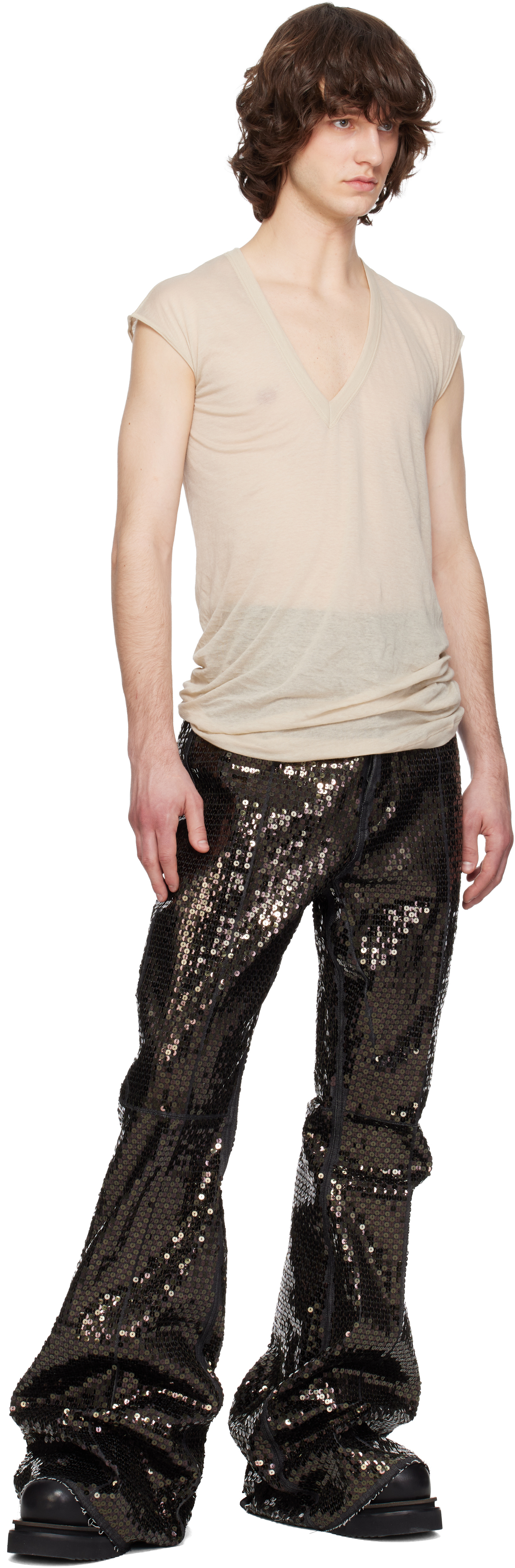 Beige Temple Deep V SL T-shirt