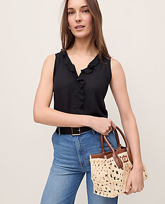 Ann Taylor Petite Mixed Media V-neck Ruffle Shell Top