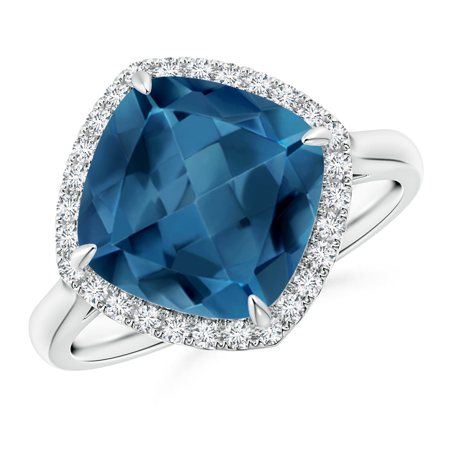 Angara 5.15 Carats Claw-Set Cushion London Blue Topaz Cocktail Halo Ring in Platinum