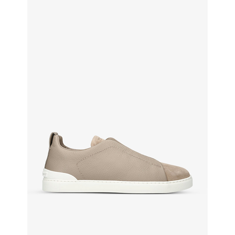 Mens Beige Triple Stitch Panelled Grained-leather and Suede Low-top Trainers