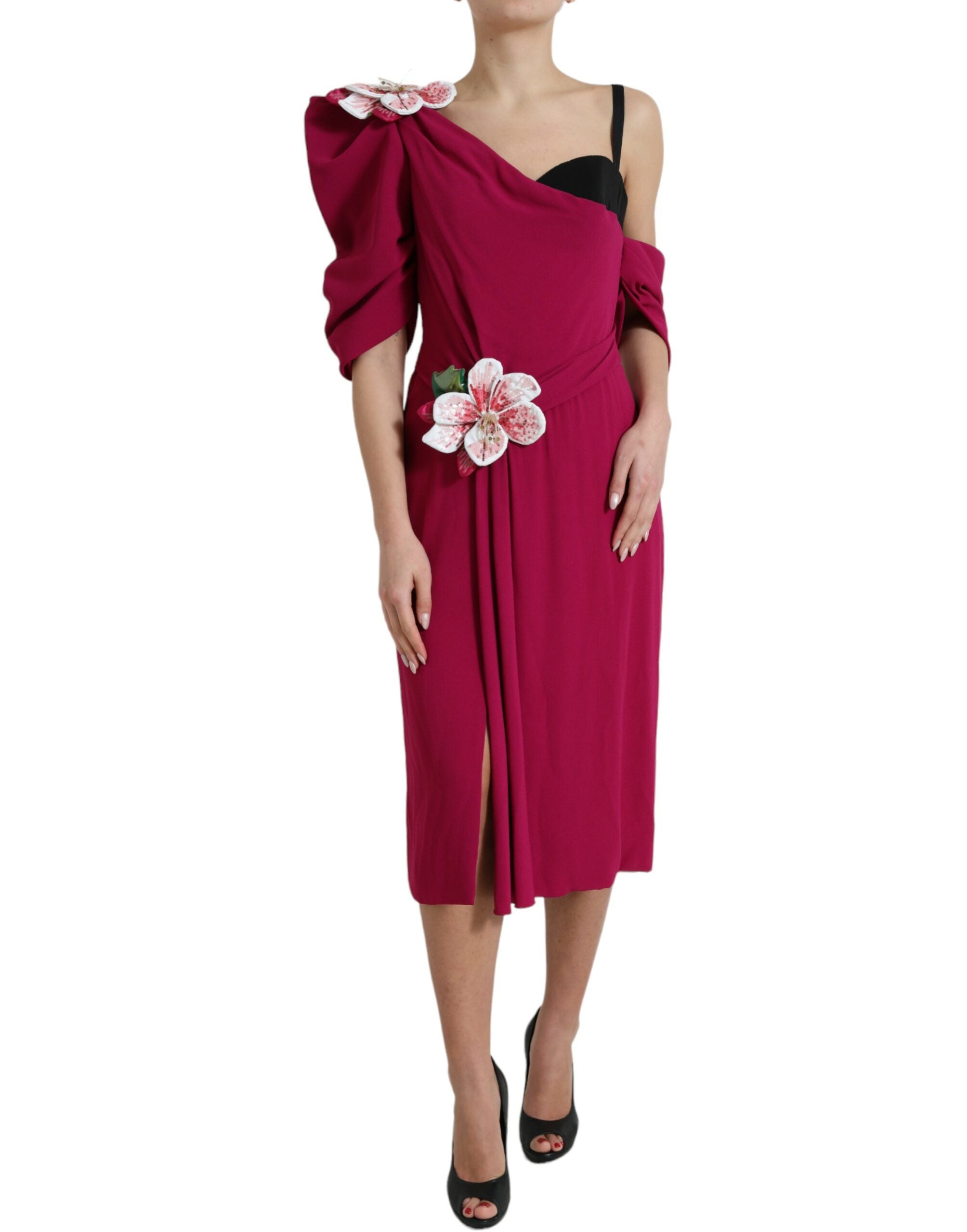 Flower Appliqué One-Shoulder Silk Dress — Purple