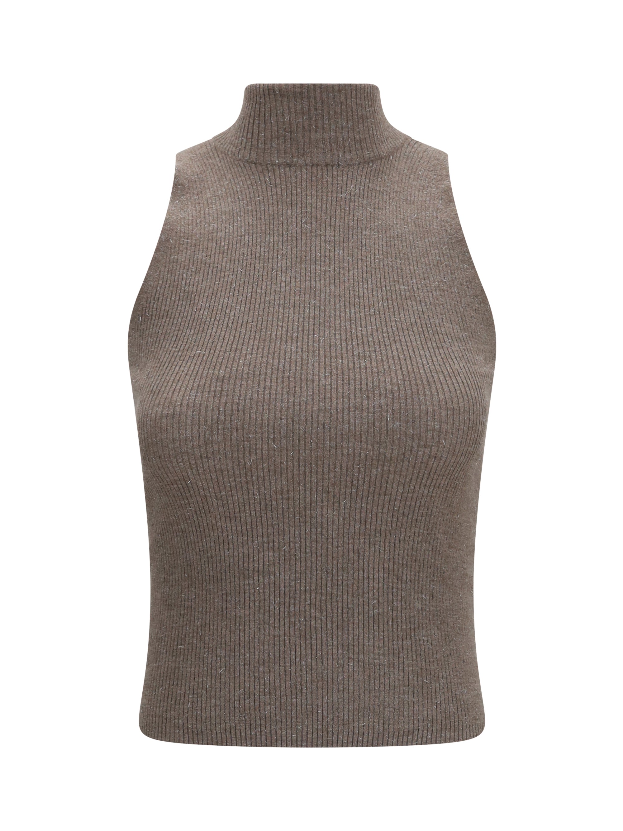 Ribbed Turtleneck Tank Top — Brown
