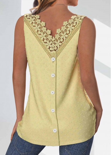 Modlily Light Yellow Button Sleeveless Round Neck Tank Top