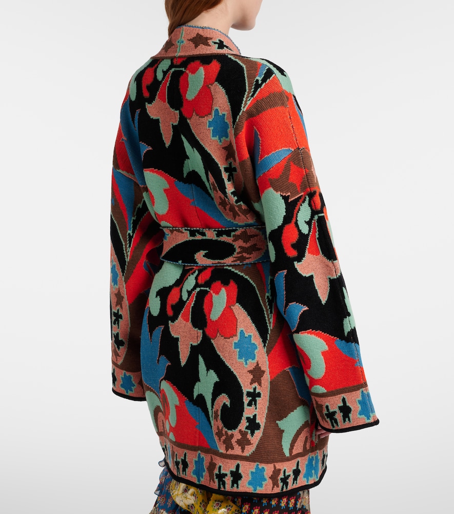 Belted jacquard wool-blend wrap cardigan