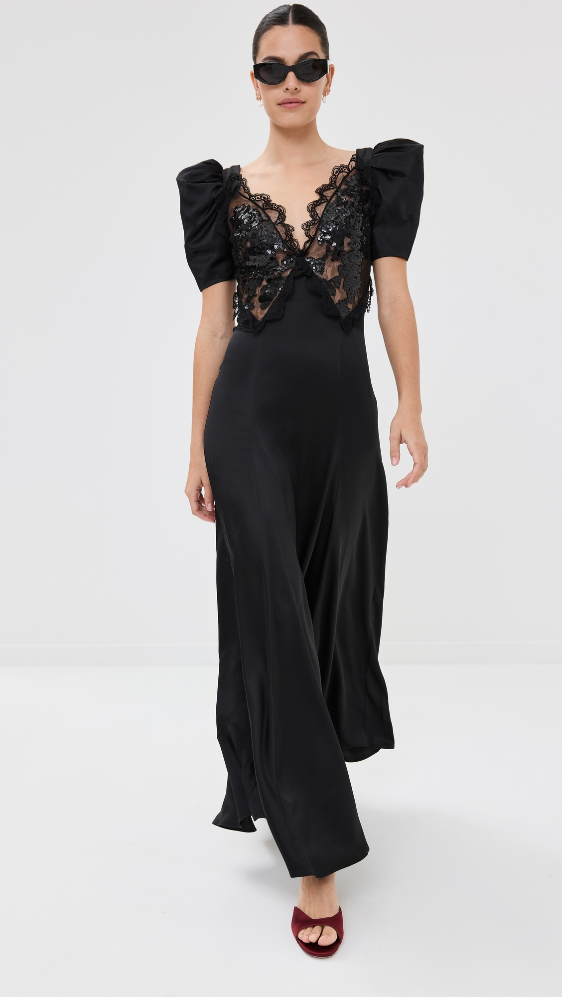 Black Silk Satin Puff Sleeve Dress With Sequin Detail Black