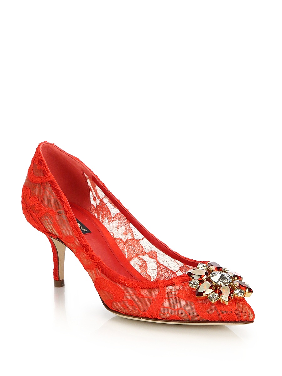 Embellished Lace Point Toe Pumps - Red