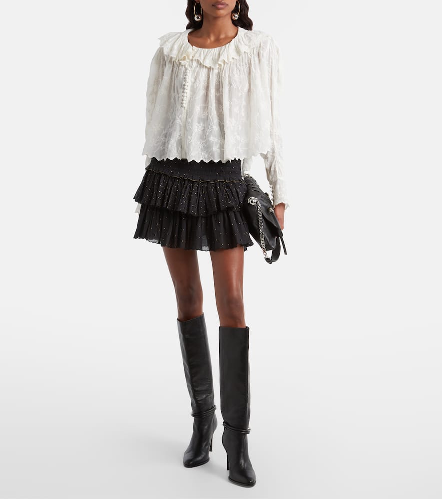 Polka-dot embroidered cotton miniskirt
