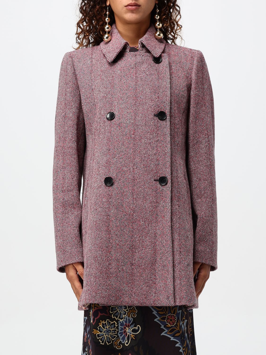 Herringbone-pattern double-breasted coat - Red
