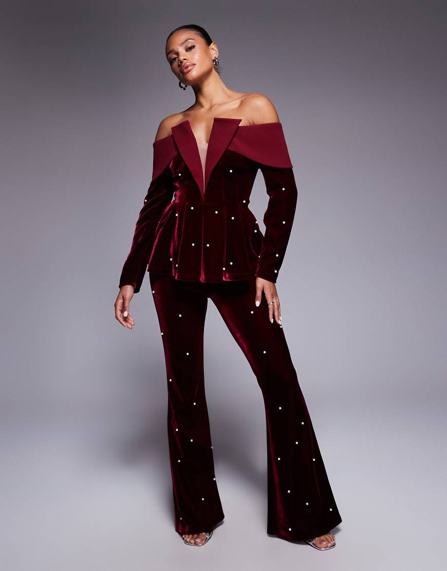 Velvet wide leg pants in berry - part of a set-Red